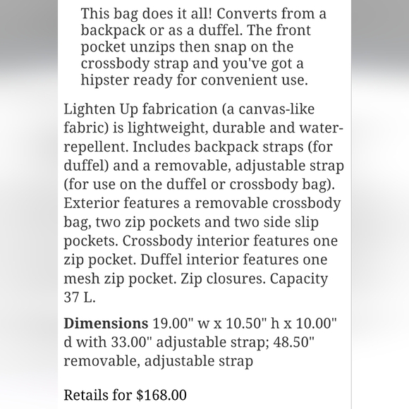 Vera Bradley LightenUp Convertible Travel Bag Backpack/Duffel Tossed Posies NWT - Picture 6 of 6